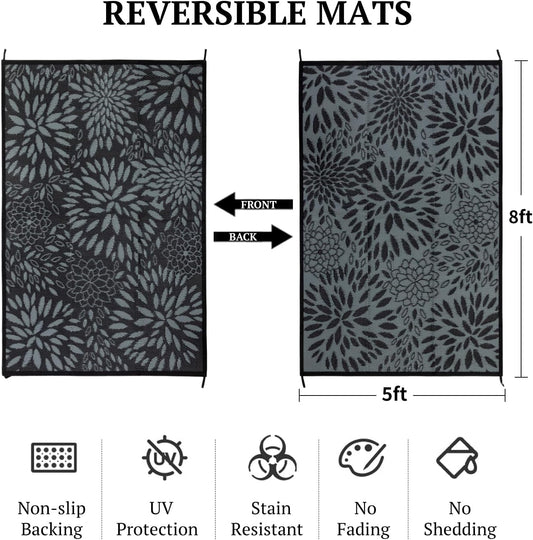 5'x8' Reversible Outdoor Rug - Eco-Friendly Plastic Straw Rug-Heavy-Duty Waterproof Mat, UV & Fade Resistant for Patio, Camping, RV, Deck, Balcony(5x8,Black&Floral)