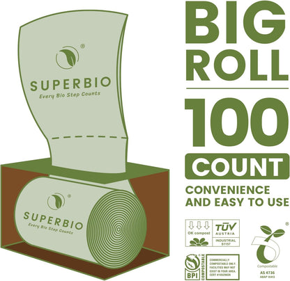 SUPERBIO 2.6 Gallon Flat Top Compostable Food Waste Bags, 100 Count, 2 Pack,9.84L, Food Scrap Bags, BPI Certified and OK compost INDUSTRIAL