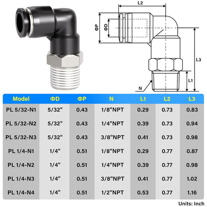 TAILONZ PNEUMATIC Elbow and Straight Combination 5/32 Inch Tube OD x 1/8 Inch NPT Thread Push to Connect Fittings PC-5/32-N1+PL-5/32-N1(Pack of 4)