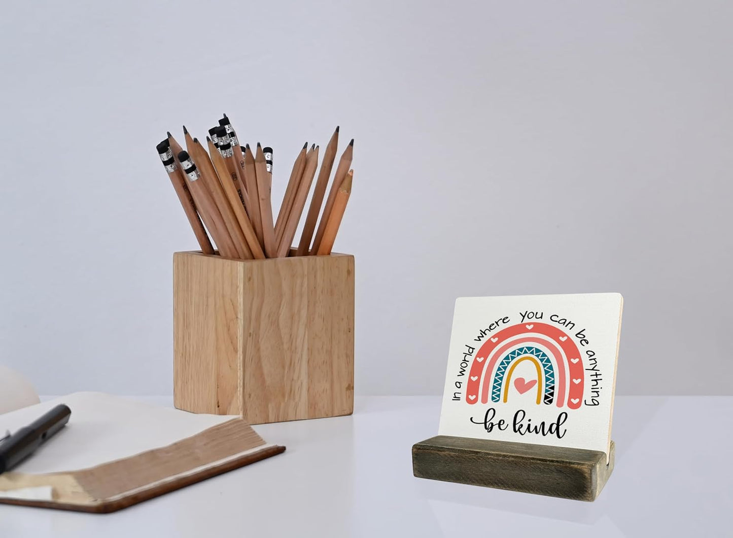 BQL Primitive Wooden Sign, 'In A World Where You Can Be Anything, Be Kind', Desk Plaque with Wooden Stand, Rainbow Decor, 4 x 4.3 inches