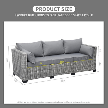 Rattaner Outdoor Furniture Outdoor Couch Grey Wicker Patio Furniture 3-seat Sofa Deep Seat Hight Backrest with Waterproof Cover and Anti-Slip Cushions, Grey