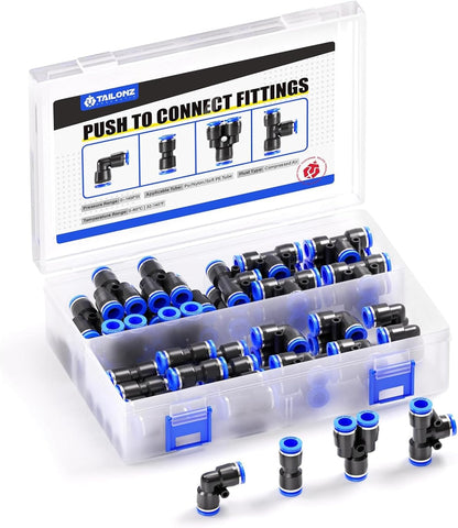 TAILONZ PNEUMATIC 6mm od Push to Connect Fittings Pneumatic Fittings Kit 10 Spliters+10 Elbows+10 tee+10 Straight (40 pcs)