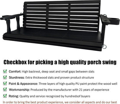 Wooden Porch Swing 3-Seater, High Backrest and Deep Seat, Bench Swing with Cupholders, Hanging Chains and 7mm Springs, Heavy Duty 880 LBS, for Outdoor Patio Garden (Carbon Black, 5 FT Extra Large)