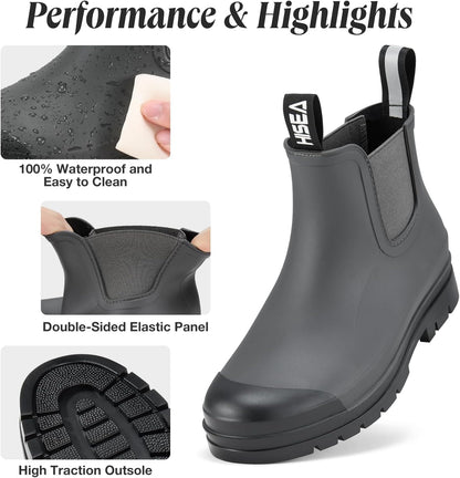 HISEA Women's Short Rain Boots Waterproof Garden Shoes Rubber Chelsea Boots Anti-Slipping Rainboots for Ladies with Comfort Insole Lightweight Stylish Ankle Rain Shoes Outdoor Work Booties