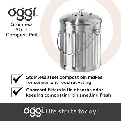 OGGI Countertop Compost Bin with Lid-1 Gallon Indoor Compost Bin w/Charcoal Filter, Stainless Steel Compost Container, Ideal Kitchen Compost Pail, Eco Friendly Products