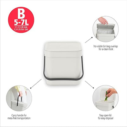Brabantia Sort & Go Kitchen Countertop Food Scraps Compost Bin | XS / 1.6 Gal / 6L | Jade Green | Removable Stay-Open Lid, Carry Handle, Easy-Clean Recycling Box | Wall-Mounting Bracket Included