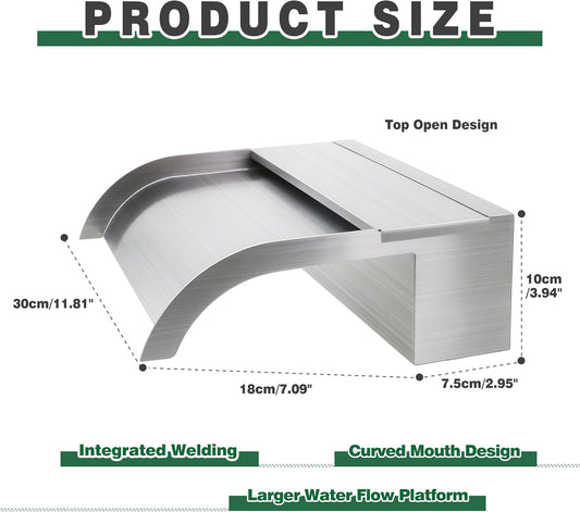 Waterfall Spillway, Stainless Steel Pool Fountain w/Top Open Lip & Pipe Connector Kits for Outdoor/Indoor Decorative, 11.8'' Pool Water Feature for Garden Patio, Backyard Koi Pond Decor