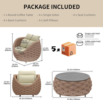 TWT Aluminum Outdoor Patio Furniture Set, 4 Textilene Armchairs Modern Outdoor Conversation Set Outdoor Single Sofa with Upgrade Cushion and Coffee Table for Balcony, Light Brown