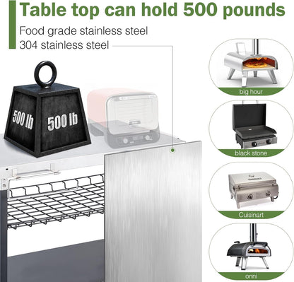 Outdoor Grill Cart, 500lb Dining Cart Table with Three-Shelf, Stainless Steel Rolling Movable Food Prep and Work Table
