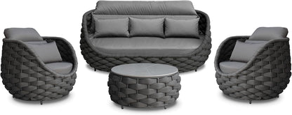 Rope Patio Furniture Set: 4 Pieces Aluminum Outdoor Couch Set Cushioned - Assembled Porch Conversation Sofa Set Modern - Metal Patio Seating for 5 Person Deck Garden Poolside Hotel, Dark Gray