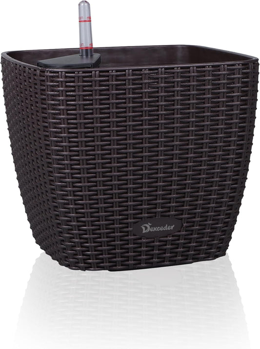 Dexceder 9x8 Self Watering Planter Indoor Outdoor, Inner Mat Design, Thickened Table Flower Plant Pot with Water Level Indicator (Brown Rattan)