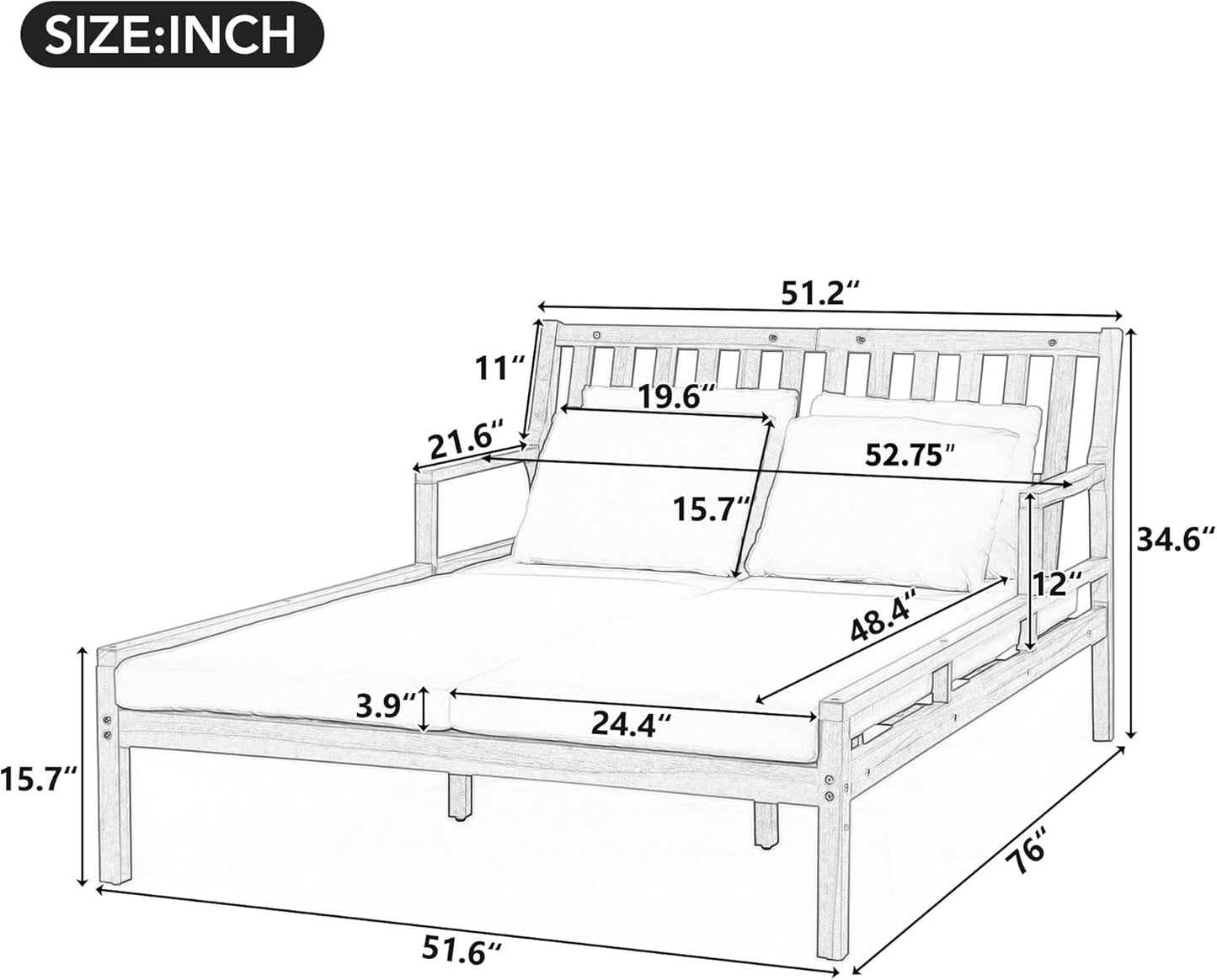 Merax Outdoor Daybed, 3 Seater Acacia Wood Daybed, Patio Day Bed with Four Pillows, Wooden Outdoor Bed with Curved Armrests for Poolside, Backyard, Garden, Gray