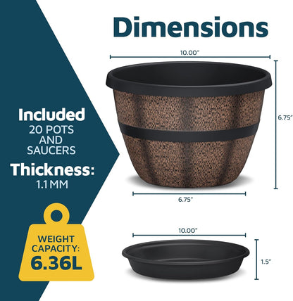 10-Inch Whiskey Barrel Planters Outdoor Pack of 20 - Durable Plastic Plant Pots for Indoor & Outdoor Use with Drainage & Saucer, Lightweight Rustic Barrel Planters for Flowers, Herbs & Small Plants