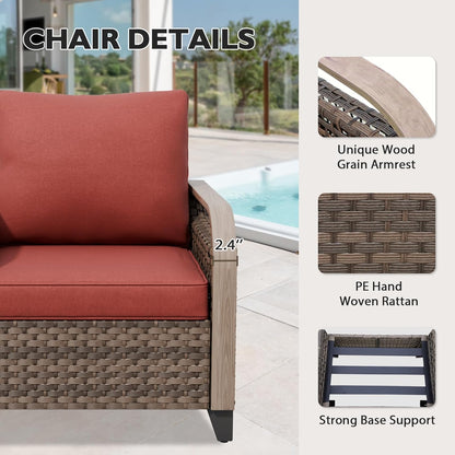 EAGLE PEAK Modern Wicker Outdoor Chair, Patio Chair Curved Armrest, Rattan Patio Furniture for Yard Deck Porch Garden, 2 Chairs, Brown/Red