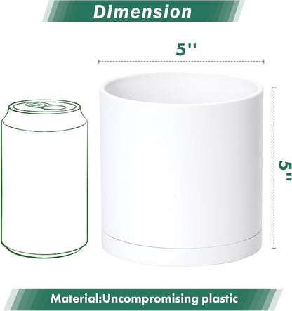 D'vine Dev 6 Pack 5 Inch Modern Plastic Plant Pots, Small Garden Planters for Plant with Drainage Holes and Saucers, White Color, 74-Z-G-3