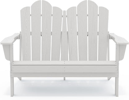 SERWALL Folding Adirondack Bench, HDPE All-Weather Adirondack Loveseat, 660 lbs Capacity, Foldable Outdoor Patio Bench for Deck, Lawn, Garden, White