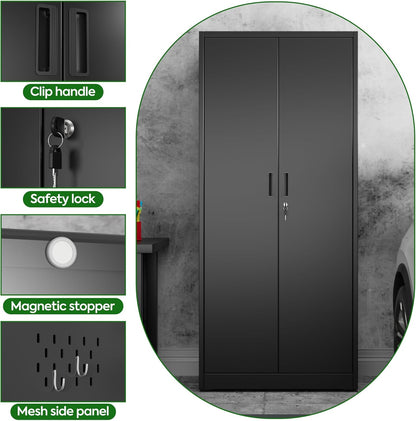 Broom Closet Storage Cabinet with 5 Pegboard, Hanging Rod &13 Hooks, Utility Metal Garage Storage Cabinets with Doors and 4 Shelves for Garage Home Office, Black,71.4" H x 31.5" W x 15.7" D