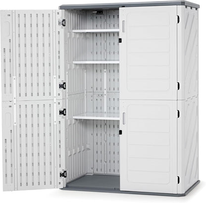 Macrout 50 Cu.Ft Plastic Outdoor Storage Cabinet with Shelves, 4.3 x 2.5 ft Waterproof Resin Outdoor Storage Shed with Floor, Lockable Vertical Shed for Garden and Patio