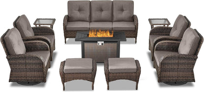 Expansive 10 Pieces Outdoor Patio Furniture Set with 43” Propane Fire Pit Table, Patio Conversation Set with Swivel Rocker Outdoor Chairs Set of 4 and Sofa, Ottoman and Wicker Side Table Brown