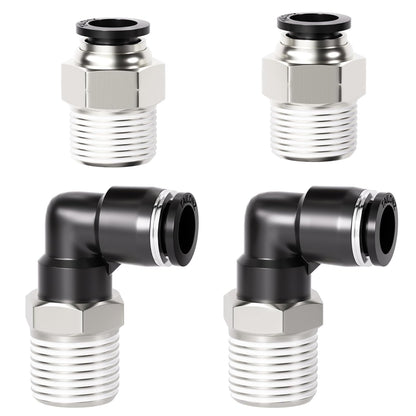 TAILONZ PNEUMATIC Elbow and Straight Combination 1/2 Inch Tube OD x 1/2 Inch NPT Thread Push to Connect Fittings PC-1/2-N4+PL-1/2-N4(Pack of 4)