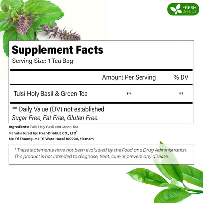 FreshDrinkUS, Premium 135 Tulsi Green Tea Bags, 100% Natural, Blend of Tulsi Holy Basil Leaves, and Green Tea Leaves. Made with Natural Material Tea Bags. No Sugar, Vegan.
