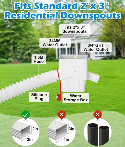 Downspout Diverter, WADEO Rain Barrel Diverter Fits for 2"x 3" Standard Downspout, Rainwater Collection System with Two Water Outlets to Collect Rainwater from Gutter, with 5FT Hose