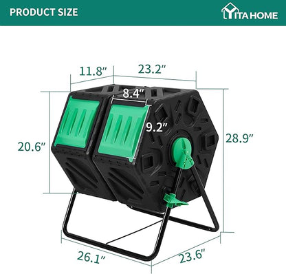 YITAHOME Large Outdoor Dual Chamber Compost Bin, 37 Gallon Rotating Composter Tumbling with 2 Sliding Doors and Aeration System, Garden Compost Tumbler (2x18.5 Gallon,Green)