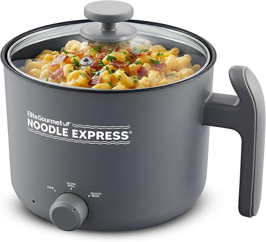 Elite Gourmet NOODLE EXPRESS Electric Hot Pot, Prepare Noodles, Soups, Stews, Cool-touch Handle, Ceralast™ PFAS-Free Ceramic Non-stick, Tempered Glass Lid, 2 Heat Settings-High/Low, Grey