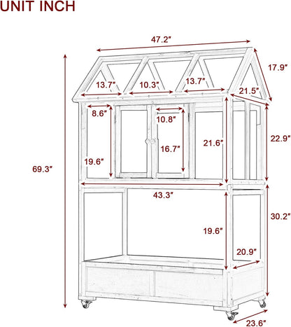 Garden Wood Portable Cold Frame - Mini Greenhouse with Wheels, Open Roof & Storage (White + Beige + Beige)