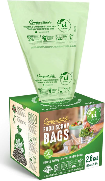 UNNI Compostable Trash Bags, 2.6 Gallon / 9.84 Liter, 200 Count, Extra Thick 0.71 Mil Small Kitchen Food Scrap Bin Liners, Certified by BPI, CMA & OK compost HOME, Meets the ASTM D6400 Standard