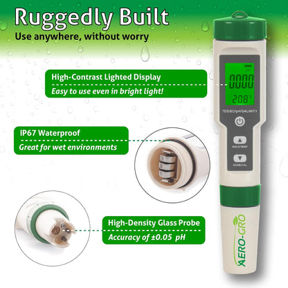 Digital 5-in-1 Meter: 5 Functions: pH, TDS, EC, Salinity%, Salinity ppm, and Temp, IP67 Waterproof, Pen-Type Tester for Hydroponics, Water, Wine, Spas, Aquariums