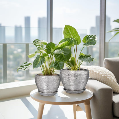 Ceramic Planters - 10 Inch 8 Inch 6 Inch Plant Pots Indoor with Drainage Holes and Saucer Mid-Century Large Planters Outdoor Flower Pots for Home Decor Set of 3 Silver