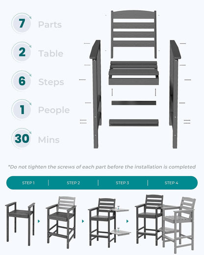 SERWALL Tall Adirondack Chairs Set of 2 with Connecting Table, Grey