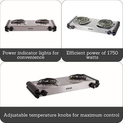 Imusa USA GAU-80312US Electric Double Burner 1750-Watts, Stainless Steel, Silver