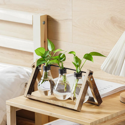 Marbrasse Plant Propagation Stations with Wooden Stand, Desktop Plant Terrarium Holder Bulb Vase, Glass Vase Container with Metal Swivel Holder for Hydroponics of Home Garden Office Decor Lover Gifts
