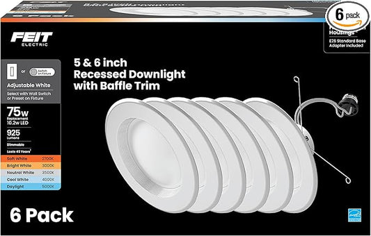 Feit Electric LED Downlight Retrofit Kit with Baffle Trim, 75W Equivalent, 5/6-Inch Dimmable Recessed Light, Adjustable White 2700K–5000K, 90+ CRI, for Living, Bathroom, Dining & Kitchen Room