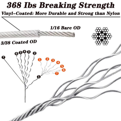 1/16 Inch 304 Stainless Steel Wire Rope Kit - 100ft 7x7 Strand Core Vinyl Coated Aircraft Cable with Turnbuckles for Outdoor String Lights Hanging, Garden & Guy Wire Support