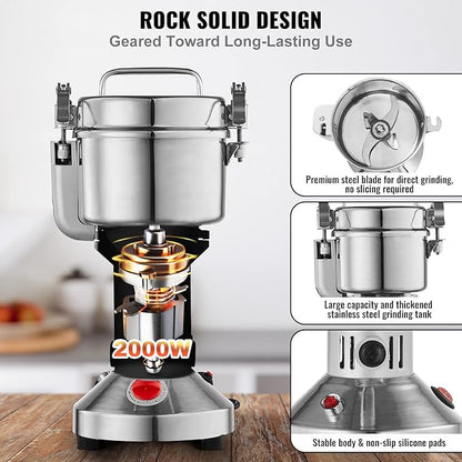 VEVOR 750g Electric Grain Mill Grinder, High Speed 2000W Commercial Spice Grinders, Stainless Steel Pulverizer Powder Machine, for Dry Grains Spices Cereals Coffee Corn Pepper, Straight Type
