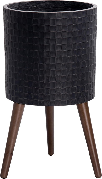 D'vine Dev 12 Inch Modern Geometric Tile Patterned Sleek Planter Pot with Stand, Indoor Outdoor Decorative Plant Holder, Distressed Black, 88-Z-C-5