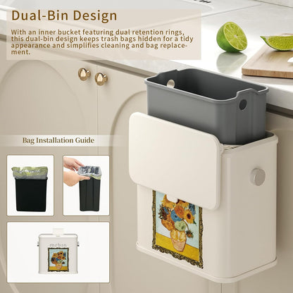 Mrbin Metal Compost Bin Countertop with Lid, Hanging Trash Can for Kitchen Cabinet Door, Wall Mounted Indoor Recycle Basket Food Waste Scrap Dustbin for Kitchen Under Sink with Inner Bucket, Sunflower