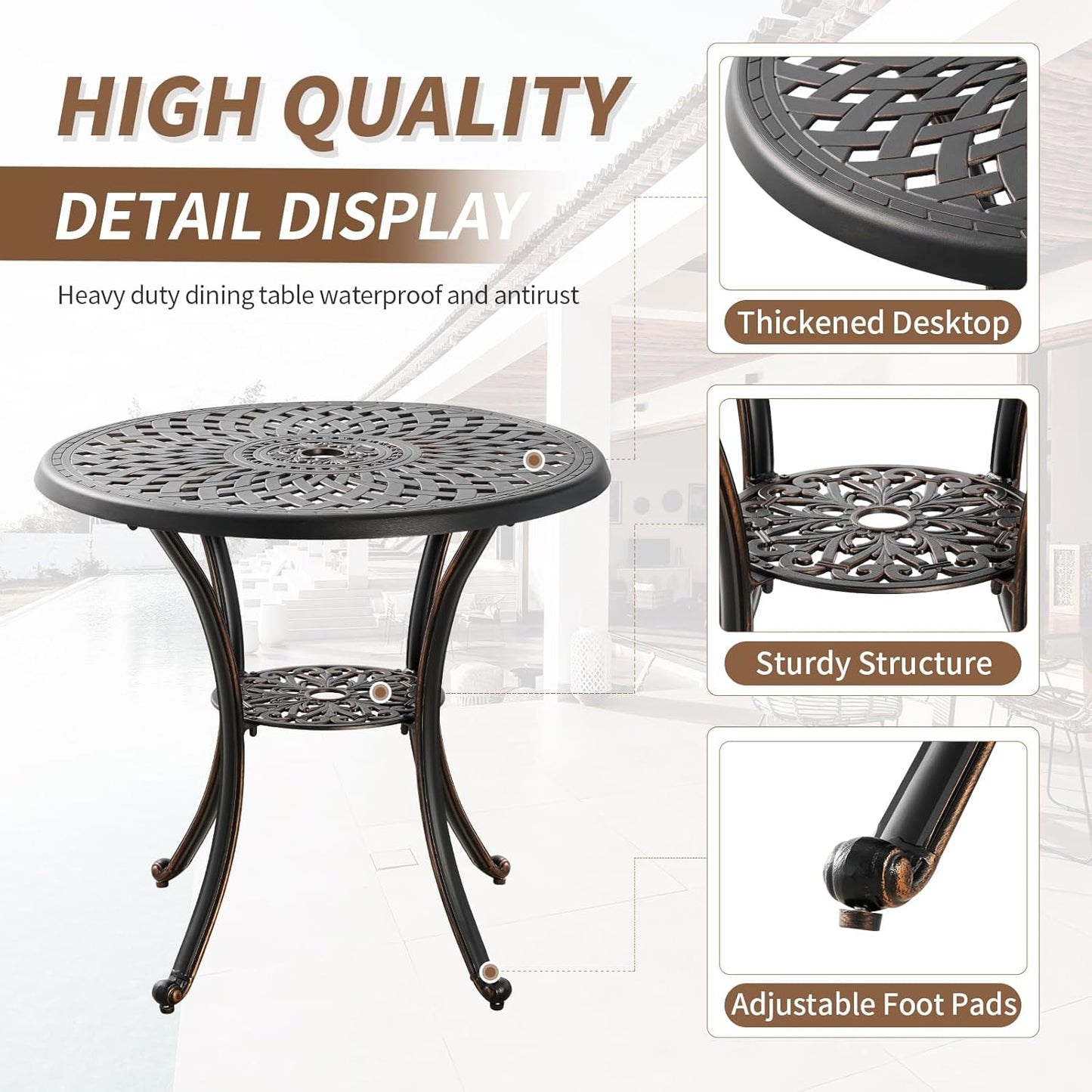 Bistro Set 3 Piece Outdoor Cast Aluminum Patio Bistro Set Patio Set Metal Bistro Table and Chairs Set of 2 with Umbrella Hole for Deck, Gardens, Bronze (Woven Backrest)