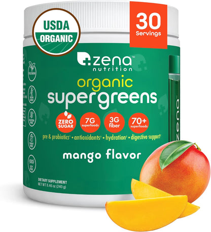 Zena Nutrition Organic Super Greens Powder, 70+ Superfoods, 0 Sugar, 3G Fiber, Spirulina, Chlorella, Antioxidants, Prebiotics/Probiotics, Digestive Enzymes, Mango, 30 Servings