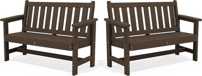 SERWALL Outdoor Bench, HDPE Outdoor Benches Weatherproof, 2-Person Garden Bench with 660 lbs Weight Capacity, Patio Benches for Outdoors, Garden, Porch, Backyard and Park, Coffee, 2 Pack
