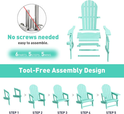 Adirondack Chairs Set of 2, Tool-Free Assembly All-Weather Plastic Adirondack Chairs, HDPE Fire Pit Chairs with Cup Holder, Outdoor Chair for Patio Garden (Aruba)