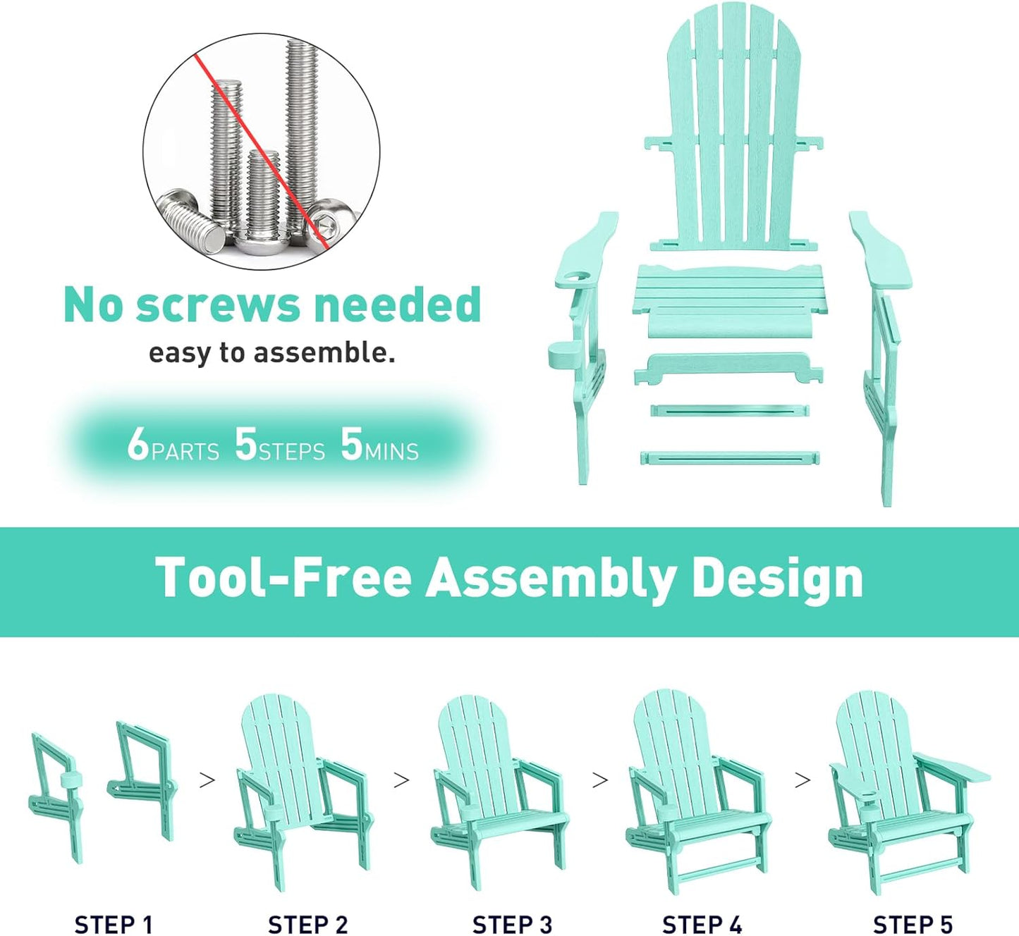 Adirondack Chairs Set of 4, Tool-Free Assembly All-Weather Plastic Adirondack Chairs, HDPE Fire Pit Chairs with Cup Holder, Outdoor Chair for Patio Garden (Aruba)