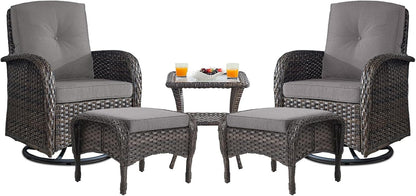 Small Conversation Sets Patio Funiture - 5 Piece Outdoor Swivel Rocker Wicker Furniture Sets with Ottomans Side Table Perfect for Patio Deck Backyard, Brown Wicker Grey Cushion