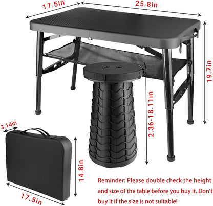 Folding Table and Stool, Small, Black, 4 Foot Outdoor Portable Table, Adjustable Height, Camping, Picnic, RV Table, 55lbs Load-Bearing, Lightweight