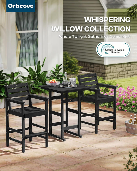 3-Piece Bar Height Outdoor Table and Chairs Set, HDPE Wood Grain Patio Bar Table and Chairs with Heart Cutout Design, Weather-Resistant Bar Height Furniture for Deck, Porch, Pool (Black)