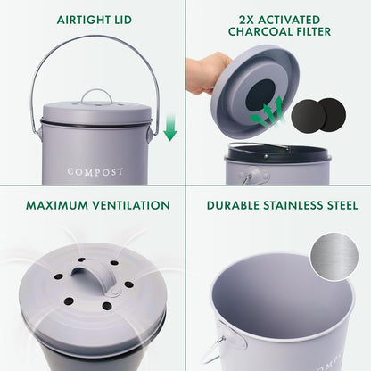 FINESSY Indoor Compost Bin Kitchen Odorless with Lid for Composting Food Waste Bucket for Counters, Stainless Steel Kitchen Compost Bin Countertop Trash Can, Indoor Food Composter Recycler Container