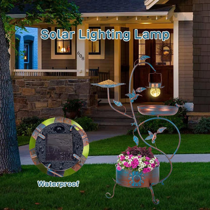 dreamysoul Metal Bird Bath for Outside, Birdbaths Outdoors with Planter and Feeder, Garden Blue Bird Baths with Solar Lights